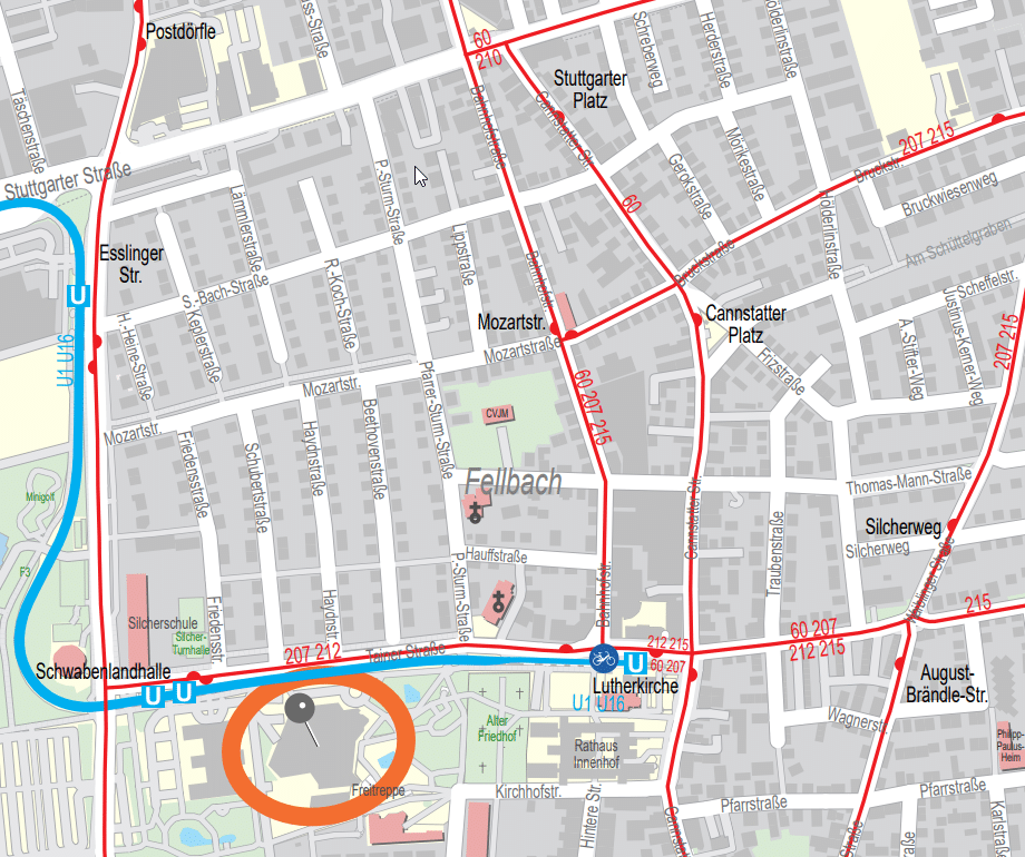 Umgebungskarte des Spielortes Guntram-Palm-Platz an der Fellbacher Schwabenlandhalle